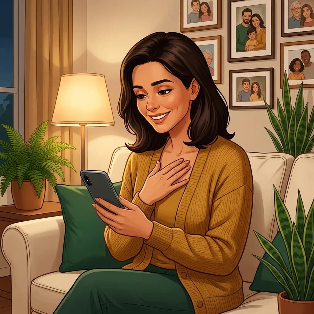 Filha olhando o celular aliviada, em casa